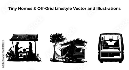Tiny House & Vanlife Silhouette Vector Set – Solar Cooking, Hammock, Camper Van Interior