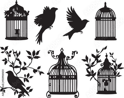 Birdcage Silhouette Vector Art: Birds Flying, Cages, Branches, Decorative Design Elements