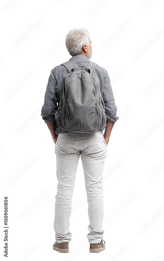 Fototapeta premium An elderly man with a gray beard and a backpack stands with his back to the camera. He's gazing off in the distance, capturing a sense of curiosity, adventure, and anticipation for his next journey.