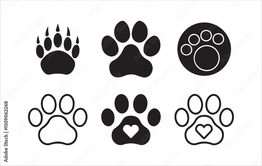 Fototapeta premium Vector Paw Prints – Bear, Dog, Cat Styles with Love Elements, Victor illustration eps 10.