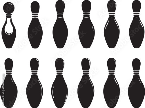 Bowling Pins Vector Set: Black and White Silhouette Illustration of Ten Pin Bowling Equipment