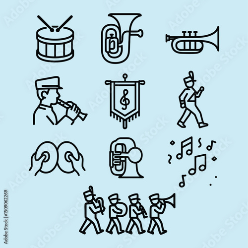 Marching band icons collection with instruments, musicians, drums, notes and parade formation in black line style