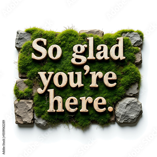 Moss covered stone welcome sign so glad youre here