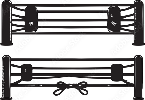 Black and White Boxing Ring Illustration: Sports, Combat, Competition, Corner Pads, Ropes, Vector Art