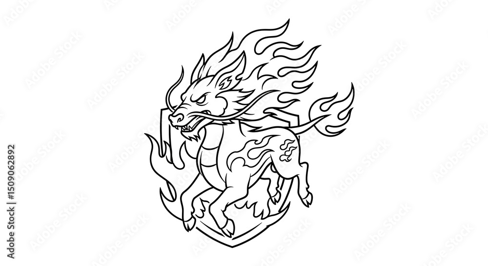 Fototapeta premium Chinese Dragon Runs Fire on Shield Line Art