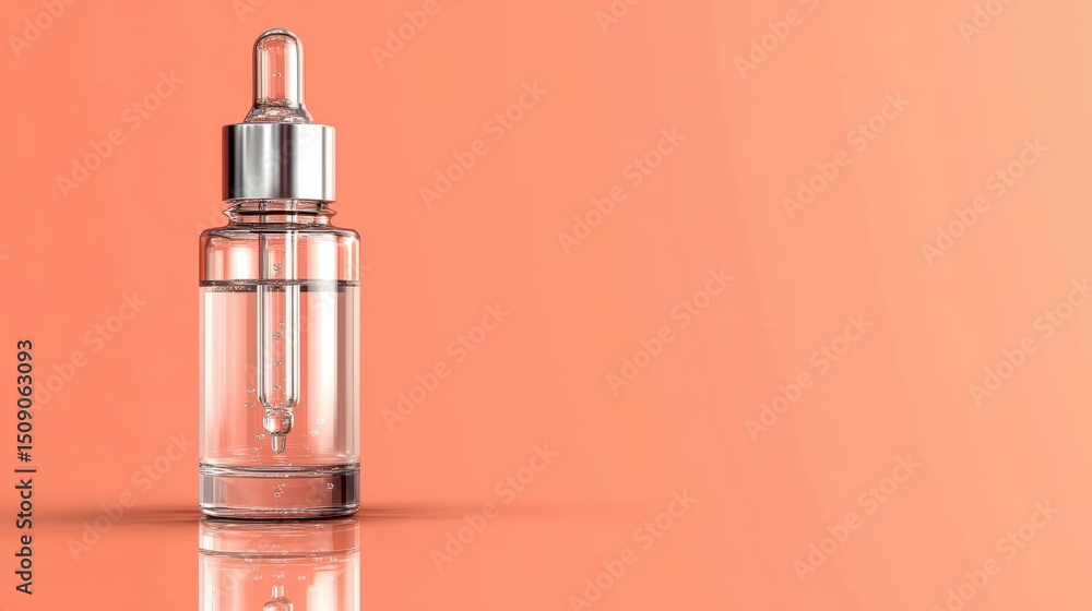 Naklejka premium clear serum bottle with dropper on mirrored surface and peach background, modern beauty look
