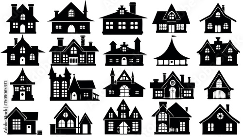 Collection of black silhouettes various house styles
