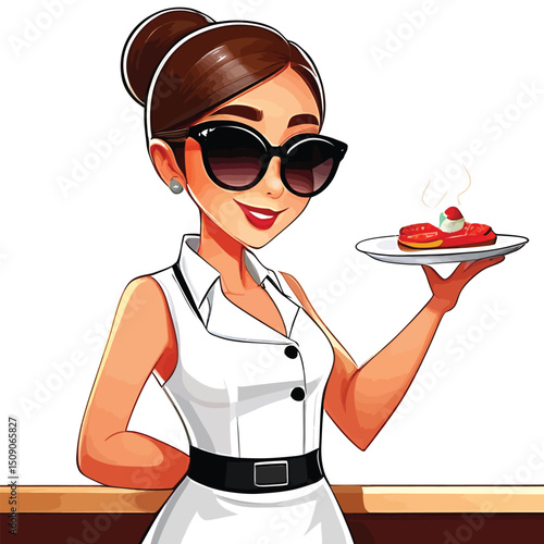 Stylish Cartoon Waitress Vector Smiling Restaurant Professional Serving A Delicious Dessert In A Contemporary Animated Design For Menus And Promotional Material