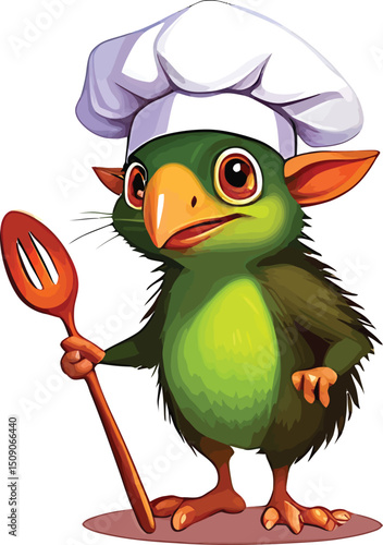 Cartoon Goblin Chef With Wooden Spoon Whimsical Culinary Illustration For Childrens Books Recipe Cards And Food Themed Designs