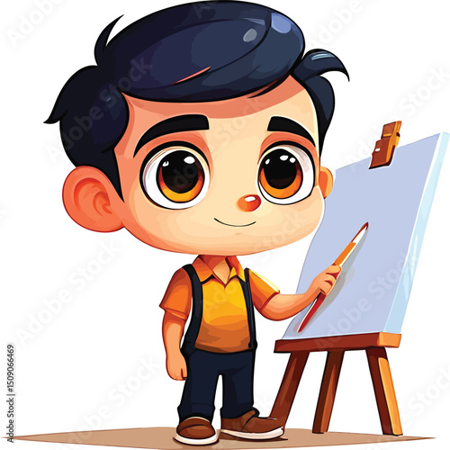 Cartoon Artist Boy With Easel Vector Illustration Cheerful Kid Painting For Childrens Books Educational Materials And Creative Projects With An Optimistic And Happy Mood