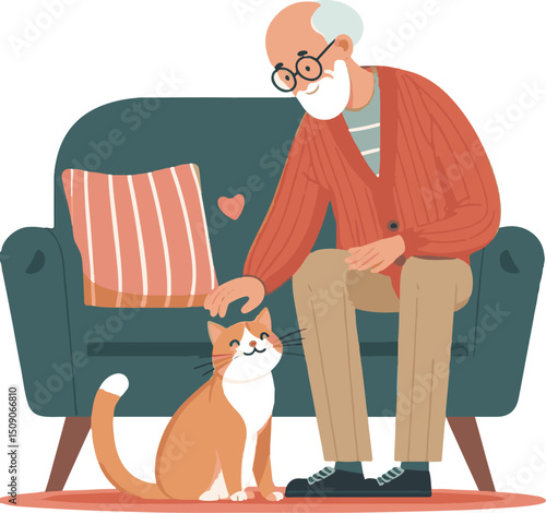   Elderly man gently petting black and white cat at home indoors  