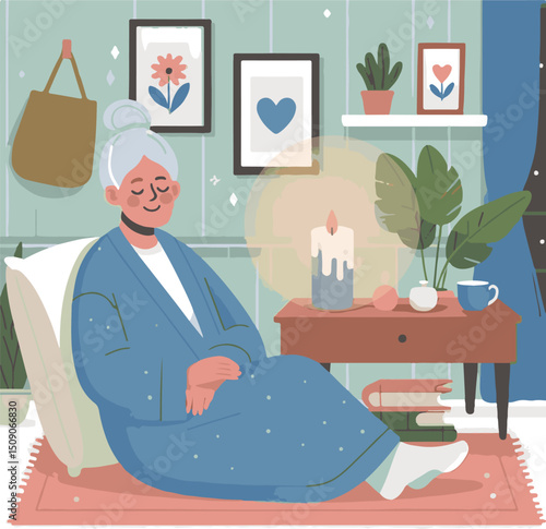 Elderly woman relaxing in cozy living room with plants and candle  