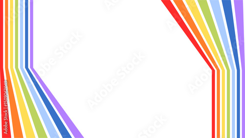 Rainbow colored stripes create a mirrored angular frame on a white background with vivid lines in red, orange, yellow, green, blue, and purple.