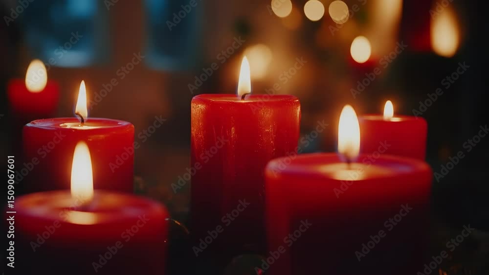 Closeup view of burning red candles in soft light warm cozy christmas festive interior decoration image Closeup view of burning red candles in soft light warm cozy christmas festive interior decoration image