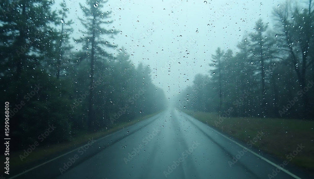 Fototapeta premium Rainy Road Through Forest: Atmospheric Drive