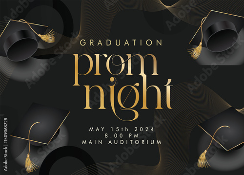 Prom Night Celebration Invitation: A stylish digital illustration heralding the excitement of prom night, featuring elegant typography, sleek graduation caps.