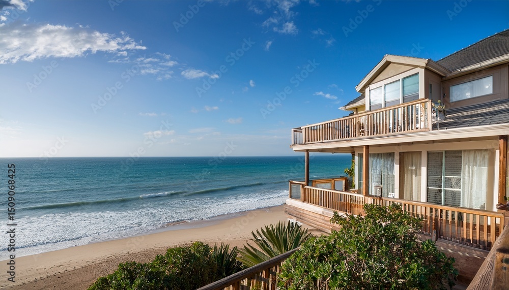 Fototapeta premium coastal elegance a beach house with a spacious balcony and ocean views