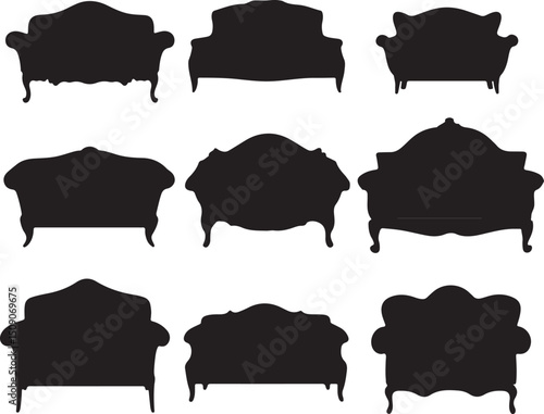 Silhouette Vector Set: Antique Couch, Sofa, Loveseat Furniture Designs for Interior Decor, Upholstery