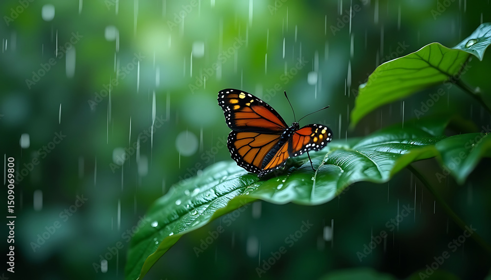 Fototapeta premium Butterfly Resting on Leaf in Rain