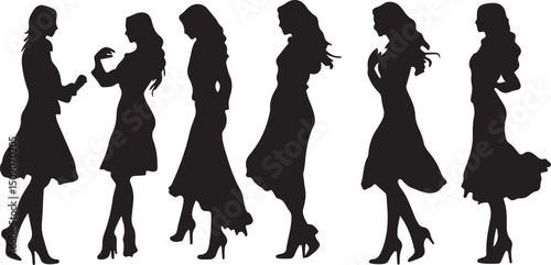 Silhouette of Fashionable Women in Dresses and Heels, Elegant Style Vector Illustration