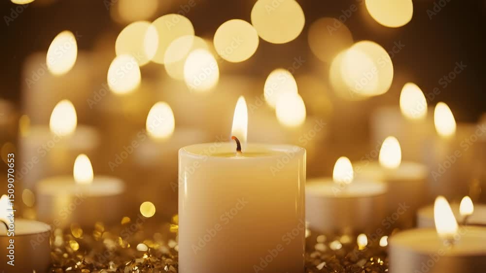 Collection of glowing white candles in warm golden light Collection of glowing white candles in warm golden light