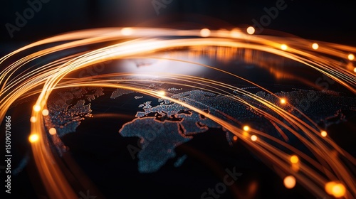 Global network connections, data flow, world map, digital technology, website banner