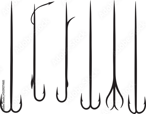 Fishing Hooks: Treble, Single, & Double Hook Types, Black & White Vector Illustration for Angling Gear