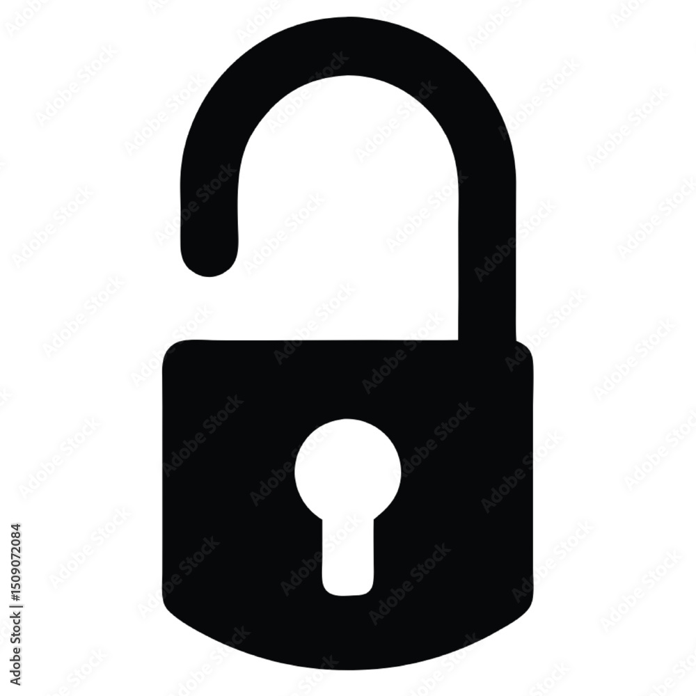 silhouette of an open padlock with curved shackle lifted  vector silhouette on white background 
