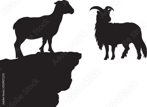 Silhouette of Two Goats: Goat on Cliff Edge, Isolated Goat, Vector Illustration, Animal Art
