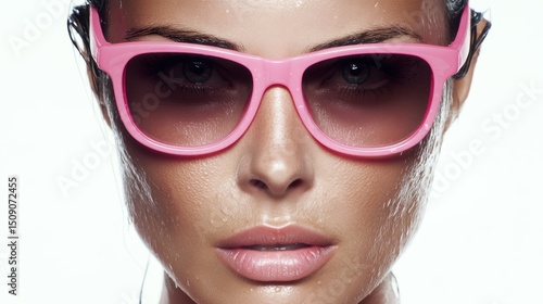 portrait of fashionable woman in pink sunglasses on white background with harsh studio lighting