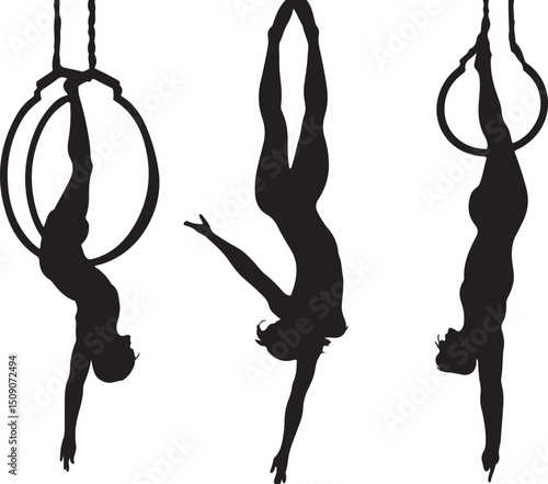 Aerial Hoop Silhouettes: Lyra Acrobatics, Gymnastics, Artistic Performance, Black and White Art