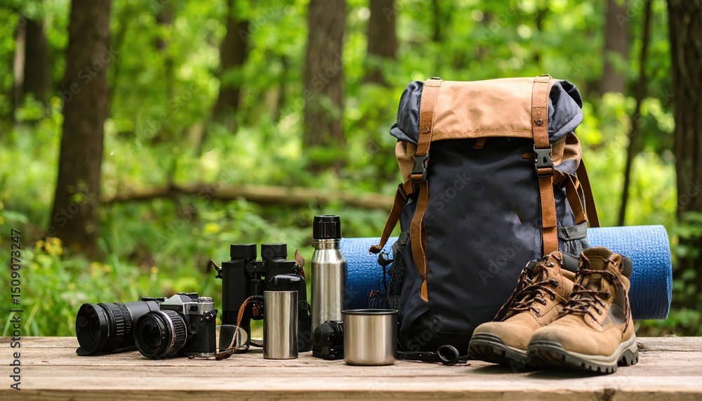 Fototapeta premium Hiking Backpack with Essential Gear for Nature Lovers Boots Binoculars Camera and Water Bottle