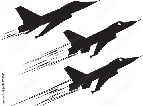 Silhouette of Fighter Jets Flying in Formation, Military Aircraft Vector Illustration