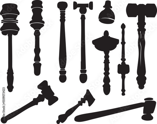 Black & White Silhouette of Gavel Collection: Justice, Law, Auction, Courtroom Icon Set