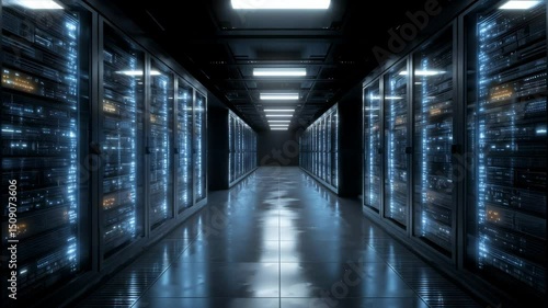 Digital infrastructure hallway with vibrant neon lights, reflecting floors, and futuristic server arrays inside a high-tech data center