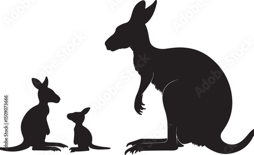 Kangaroo Family Silhouette Vector: Mother, Joey, Wildlife, Animal Illustration, Black and White Graphic