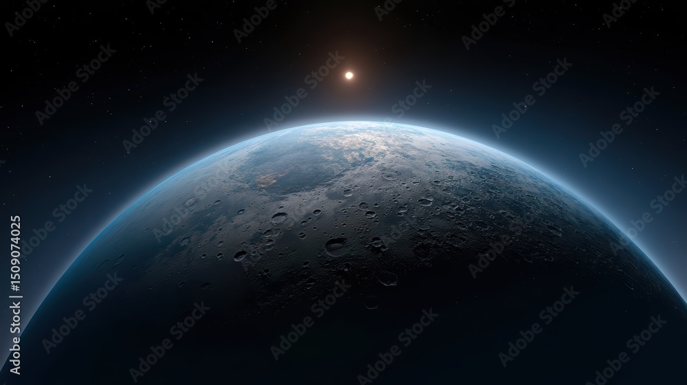 Fototapeta premium rocky exoplanet with craters and thin atmosphere, star shining behind