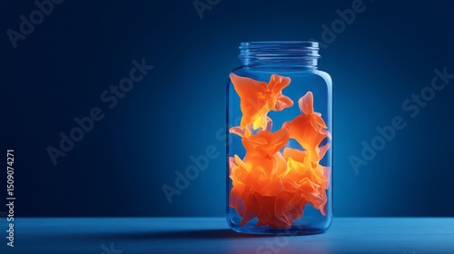 Translucent Orange Decorative Shapes Illuminated in a Glass Jar Against a Deep Blue Background