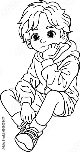  a child is sitting daydreaming line vector illustration isolated on white background