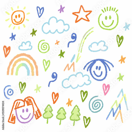 Crayon Doodle Illustration – Childlike Art with Bright Colors and Whimsical Style

