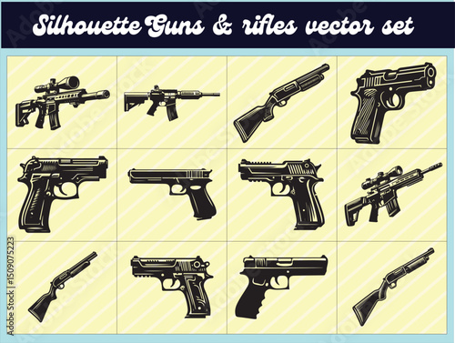 Black Silhouette Guns and Rifles Vector Set – Clean Outline Firearms Illustration