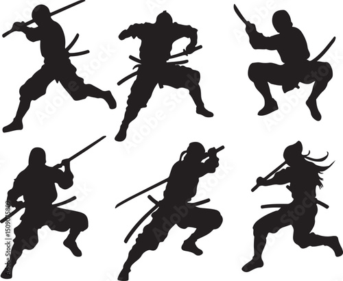 Ninja Warriors Silhouettes: Action Poses, Swords, Martial Arts, Japanese Culture Vector Art