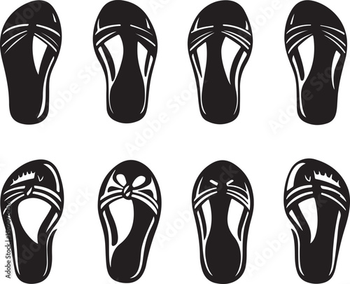 Black and White Vector Illustration of Flip Flops Sandals Footwear Summer Fashion Design Set