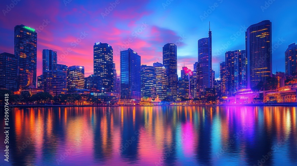 Vibrant neon cityscape at dusk with colorful skyscrapers reflecting in calm water, evoking a futuristic and energetic atmosphere. Vibrant neon cityscape at dusk with colorful skyscrapers reflecting in calm water, evoking a futuristic and energetic atmosphere.