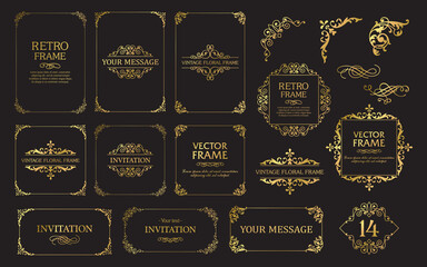 Design gold elements set, decorative flourish border corner and frame collection for invitation, menu and page decoration