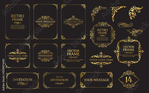 Design gold elements set, decorative flourish border corner and frame collection for invitation, menu and page decoration
