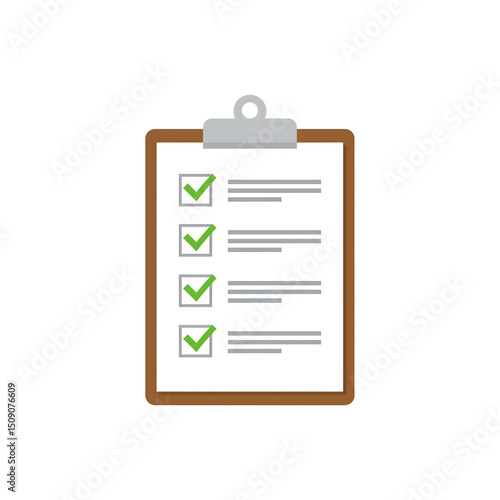 Flat vector clipart of a checklist clipboard with green ticks, task completion theme, on solid white background