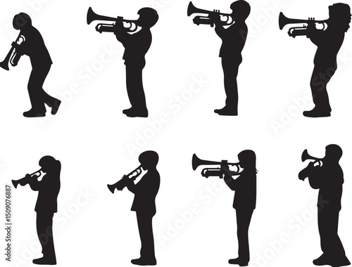 Silhouette Illustration: Trumpet Players, Musicians, Band, Orchestra, Musical Instruments, Art