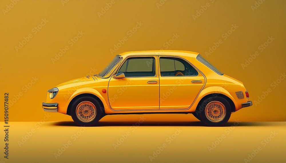a yellow car is parked on a yellow background the car is small and has a black front a yellow car is parked on a yellow background the car is small and has a black front