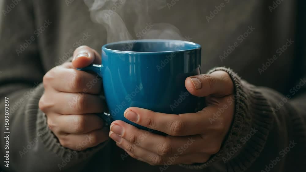 Close-up of hands holding a warm ceramic mug with steam rising in a cozy indoor atmosphere Close-up of hands holding a warm ceramic mug with steam rising in a cozy indoor atmosphere